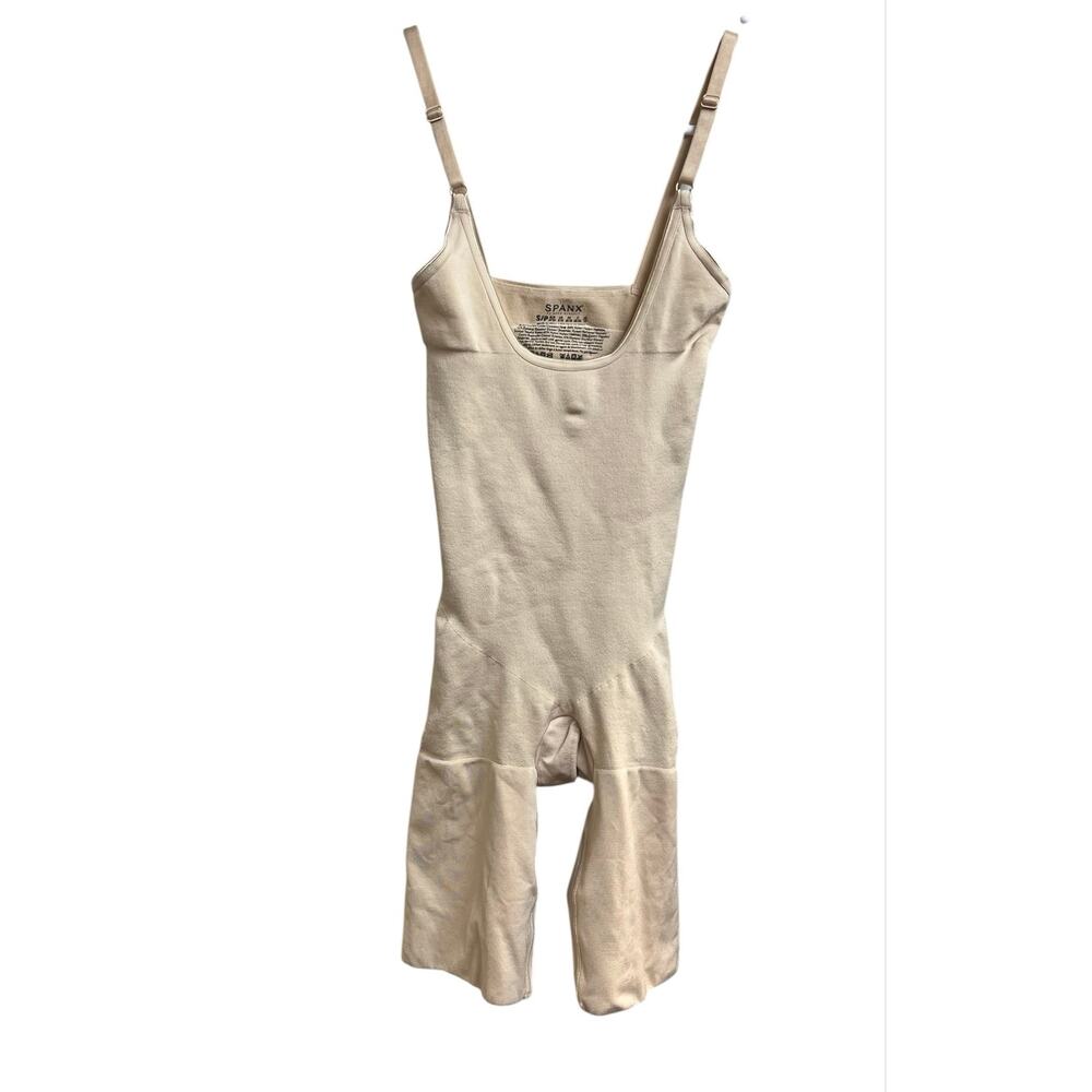 Spanx Power Open Bust Midthigh Bodysuit Shapewear Beige Small
